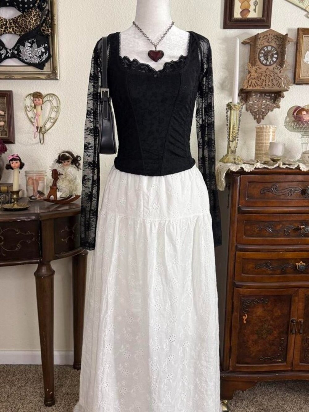 Girly grunge romantic prairie style coquette white floral eyelet maxi skirt
